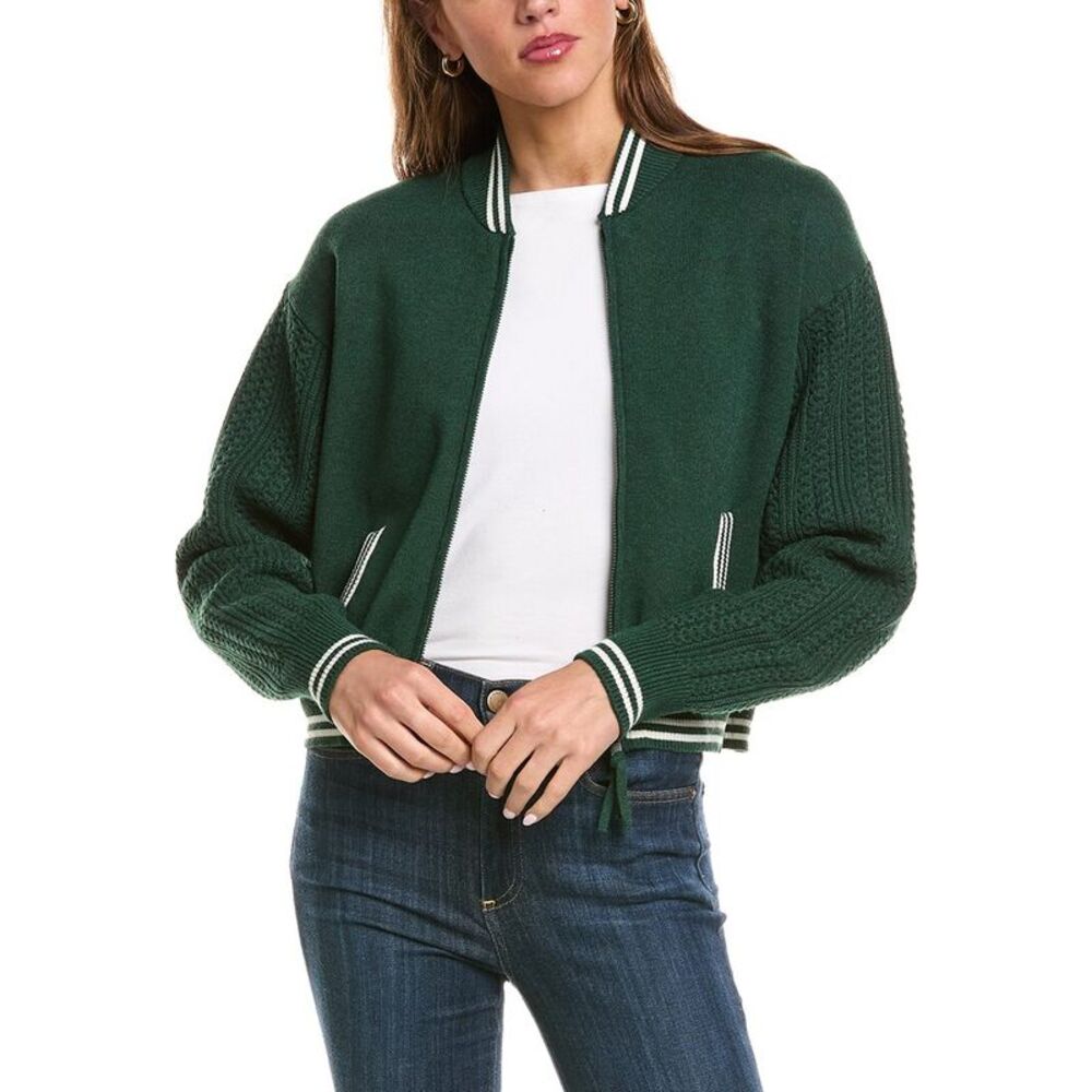 525 America Womens Cable Sleeve Zip Front Bomber Jacket, Green